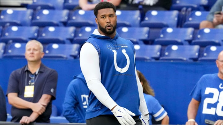 Indianapolis Colts defensive tackle Deforest Buckner (99) warms up before a game against the Arizona Cardinals on Sunday, Oct. 12, 2025, at Lucas Oil Stadium in Indianapolis Indianapolis Colts defensive tackle Deforest Buckner (99) warms up before a game against the Arizona Cardinals on Sunday, Oct. 12, 2025, at Lucas Oil Stadium in Indianapolis