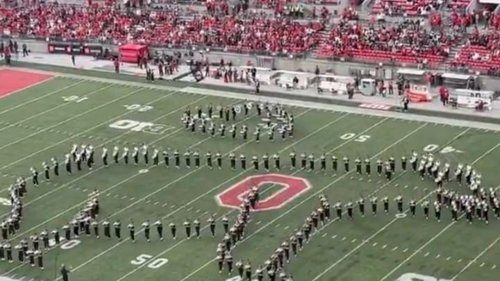 The Ohio State marching band performs during halftime of the Buckeyes' game against the Purdue Boilermakers at Ohio Stadium on November 8, 2024. 