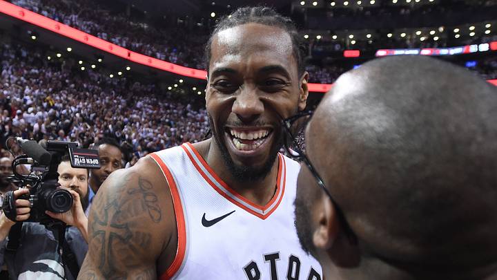 May 12, 2019; Toronto, Ontario, CAN; Toronto Raptors forward Kawhi Leonard (2) celebrates after making the game winning basket to defeat Philadelphia 76ers in game seven of the second round of the 2019 NBA Playoffs at Scotiabank Arena. Mandatory Credit: Dan Hamilton-USA TODAY Sports May 12, 2019; Toronto, Ontario, CAN; Toronto Raptors forward Kawhi Leonard (2) celebrates after making the game winning basket to defeat Philadelphia 76ers in game seven of the second round of the 2019 NBA Playoffs at Scotiabank Arena. Mandatory Credit: Dan Hamilton-USA TODAY Sports