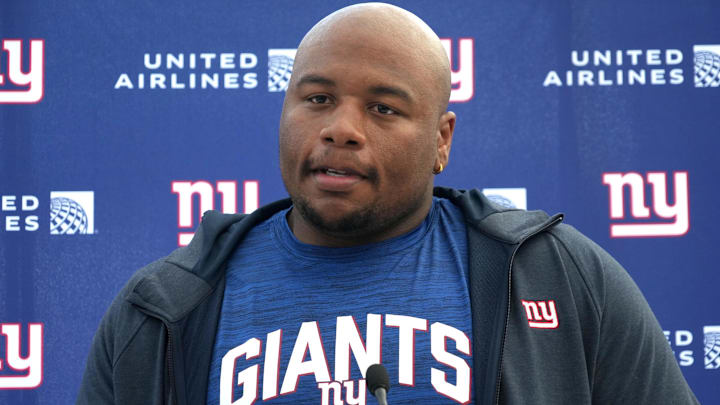 Oct 7,, 2022; Thundridge, United Kingdom; New York Giants defensive tackle Dexter Lawrence at press conference at Hanbury Manor. Mandatory Credit: Kirby Lee-Imagn Images
