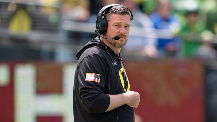 Oregon coach Dan Lanning oversees his team as the Fighting Ducks face off against Mighty Oregon in the Oregon Ducks spring game on April 26, 2025, at Autzen Stadium in Eugene.