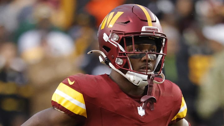 Nov 10, 2024; Landover, Maryland, USA; Washington Commanders wide receiver Terry McLaurin (17) looks on from the field during final minute of the game against the Pittsburgh Steelers at Northwest Stadium. Mandatory Credit: Amber Searls-Imagn Images