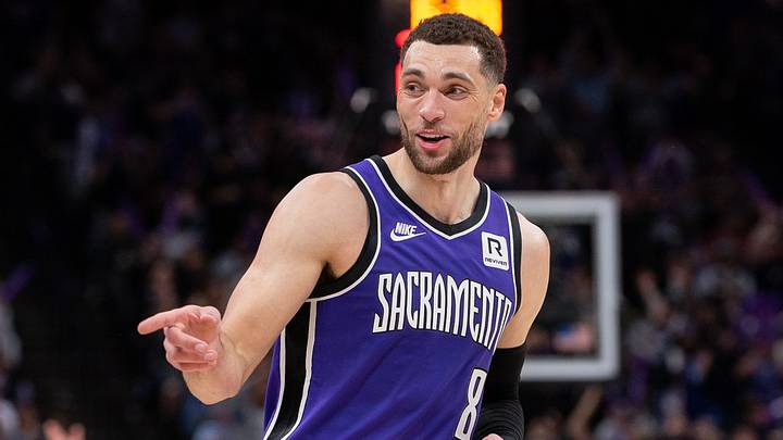Feb 24, 2025; Sacramento, California, USA; Sacramento Kings guard Zach LaVine (8) reacts after scoring against the Charlotte Hornets during the fourth quarter at Golden 1 Center. Mandatory Credit: Ed Szczepanski-Imagn Images Feb 24, 2025; Sacramento, California, USA; Sacramento Kings guard Zach LaVine (8) reacts after scoring against the Charlotte Hornets during the fourth quarter at Golden 1 Center. Mandatory Credit: Ed Szczepanski-Imagn Images