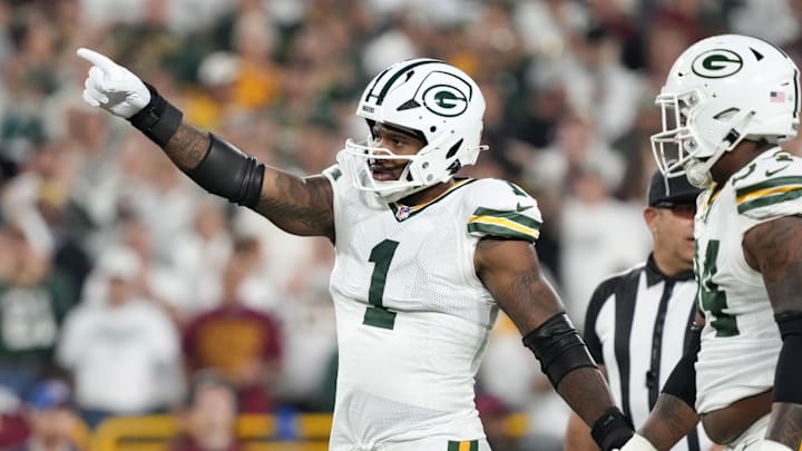Green Bay Packers defensive end Micah Parsons reacts in the first quarter against the Washington Commanders at Lambeau Field.