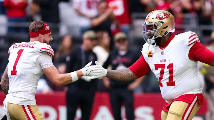 San Francisco 49ers wide receiver Ricky Pearsall (L) and left tackle Trent Williams (R)