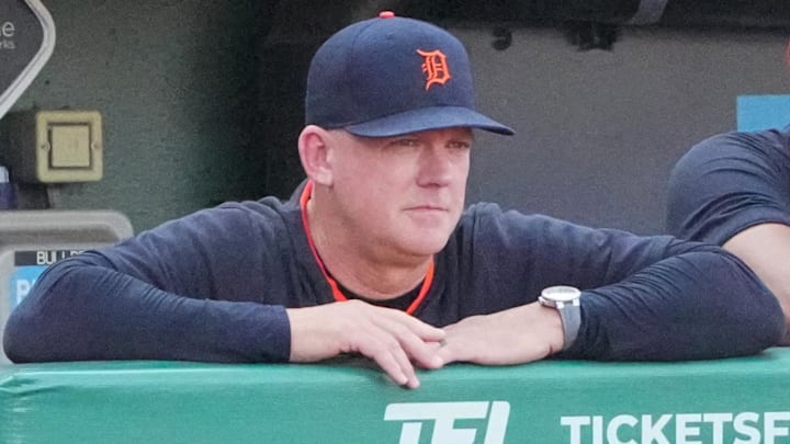 May 31, 2025; Kansas City, Missouri, USA; Detroit Tigers manager A.J. Hinch (14) watches play against the Kansas City Royals in the ninth inning at Kauffman Stadium