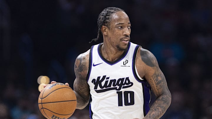 Nov 19, 2025; Oklahoma City, Oklahoma, USA; Sacramento Kings guard DeMar DeRozan (10) dribbles down the court against the Oklahoma City Thunder during the second quarter at Paycom Center.