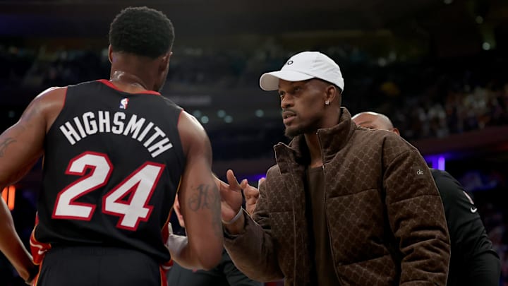 May 2, 2023; New York, New York, USA; Miami Heat injured forward Jimmy Butler (22) talks to forward Haywood Highsmith (24) during the second quarter of game two of the 2023 NBA Eastern Conference semifinal playoffs against the New York Knicks at Madison Square Garden. Mandatory Credit: Brad Penner-Imagn Images May 2, 2023; New York, New York, USA; Miami Heat injured forward Jimmy Butler (22) talks to forward Haywood Highsmith (24) during the second quarter of game two of the 2023 NBA Eastern Conference semifinal playoffs against the New York Knicks at Madison Square Garden. Mandatory Credit: Brad Penner-Imagn Images