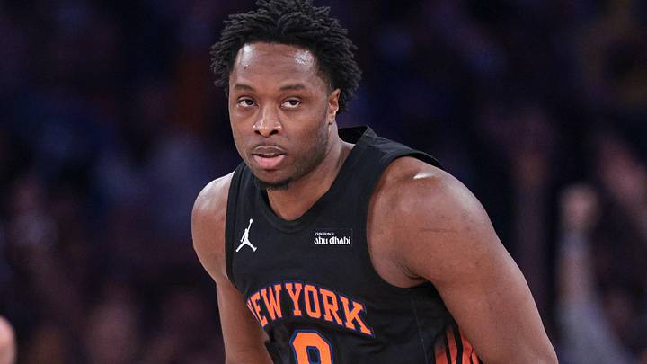 May 21, 2026; New York, New York, USA; New York Knicks forward Og Anunoby (8) reacts after making a basket against the Cleveland Cavaliers during the second quarter of the eastern conference finals of the 2026 NBA playoffs at Madison Square Garden. Mandatory Credit: Vincent Carchietta-Imagn Images