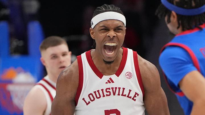 Louisville Cardinals guard Ryan Conwell (3) reacts (Mandatory Credit: Bob Donnan-Imagn Images)