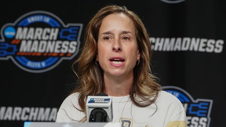 Mar 28, 2024; Albany, NY, USA; Colorado Buffaloes head coach JR Payne answers questions during the press conference prior to their NCAA Tournament Sweet 16 game at MVP Arena. Mar 28, 2024; Albany, NY, USA; Colorado Buffaloes head coach JR Payne answers questions during the press conference prior to their NCAA Tournament Sweet 16 game at MVP Arena.