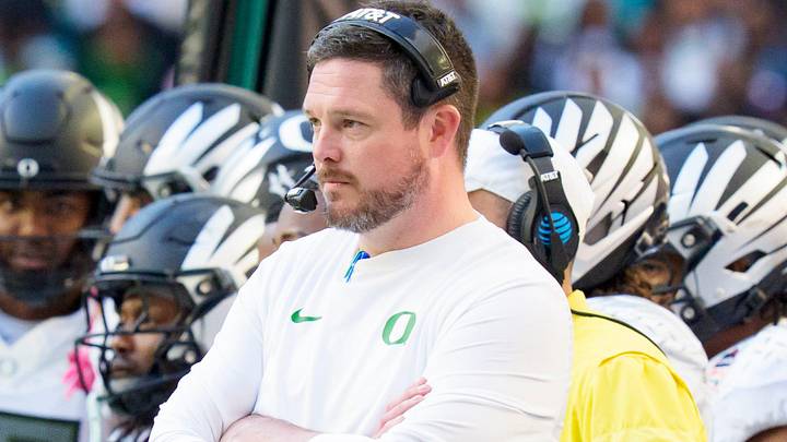 Oregon head coach Dan Lanning watches from the sideline as the Oregon Ducks take on the Texas Tech Red Raiders in the Orange Bowl on Jan. 1, 2026, at Hard Rock Stadium in Miami, Florida. Oregon head coach Dan Lanning watches from the sideline as the Oregon Ducks take on the Texas Tech Red Raiders in the Orange Bowl on Jan. 1, 2026, at Hard Rock Stadium in Miami, Florida.