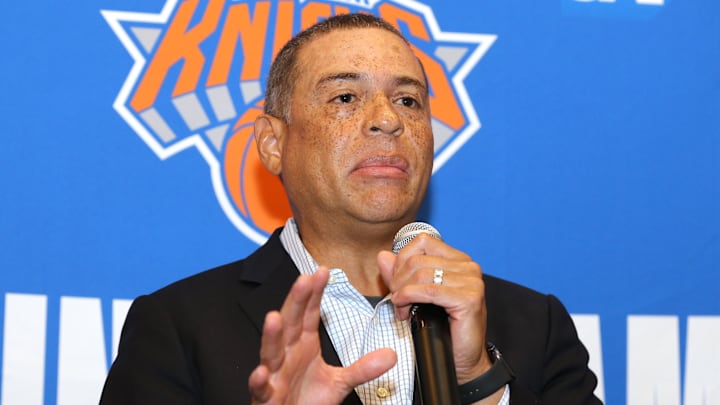 Sep 30, 2019; New York, NY, USA; New York Knicks general manager Scott Perry speaks to the media during media day at the MSG training center in Greenburgh, NY. Mandatory Credit: Brad Penner-Imagn Images