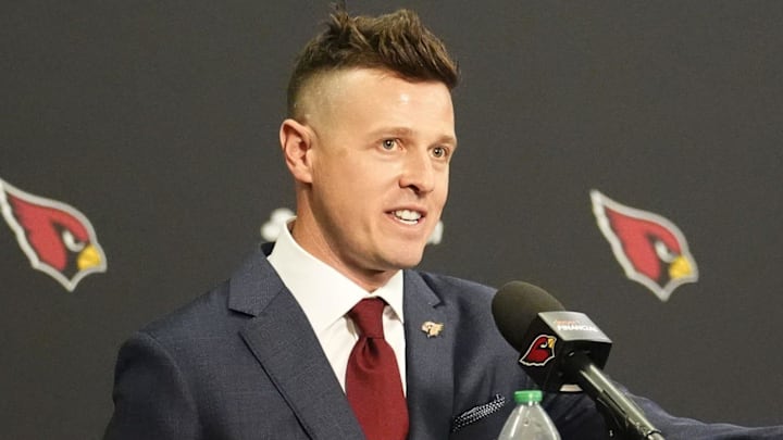 Arizona Cardinals new head coach Mike LaFleur at a news conference on Feb. 3, 2026, at Arizona Cardinals training center in Tempe.