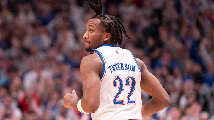 Kansas Jayhawks guard Darryn Peterson (22) looks back after scoring against Baylor Bears during the game inside Allen Fieldhouse on Jan. 16, 2026.