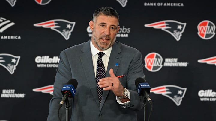 Jan 13, 2025; Foxborough, MA, USA; Mike Vrabel addresses media at a press conference at Gillette Stadium to announce his hiring as the New England Patriots head coach. Mandatory Credit: Eric Canha-Imagn Images