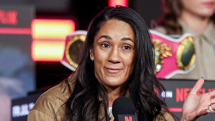 Apr 9, 2025; New York, New York, USA; Amanda Serrano speaks at a press conference ahead of a boxing match against Katie Taylor at Madison Square Garden. Mandatory Credit: Vincent Carchietta-Imagn Images