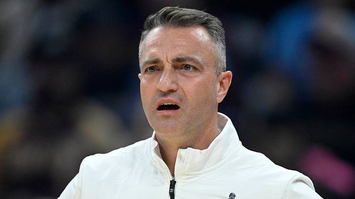 Nov 13, 2025; Cleveland, Ohio, USA; Toronto Raptors head coach Darko Rajakovic reacts in the first quarter against the Cleveland Cavaliers at Rocket Arena. Mandatory Credit: David Richard-Imagn Images