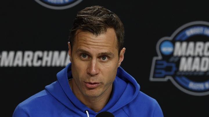 Mar 26, 2026; Washington, DC, USA; Duke Blue Devils head coach Jon Scheyer speaks with the media during a press conference ahead of the east regional of the men's 2026 NCAA Tournament at Capital One Arena. Mandatory Credit: Geoff Burke-Imagn Images
