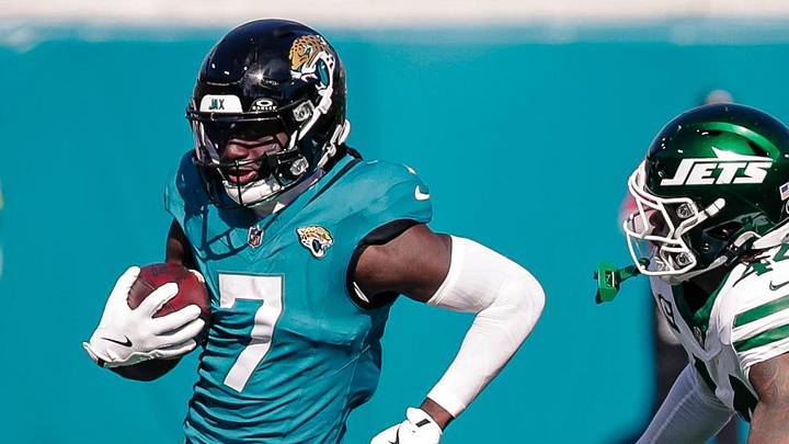 Dec 14, 2025; Jacksonville, Florida, USA;Jacksonville Jaguars wide receiver Brian Thomas Jr. (7) runs after a catch against the New York Jets at EverBank Stadium. Mandatory Credit: Travis Register-Imagn Images