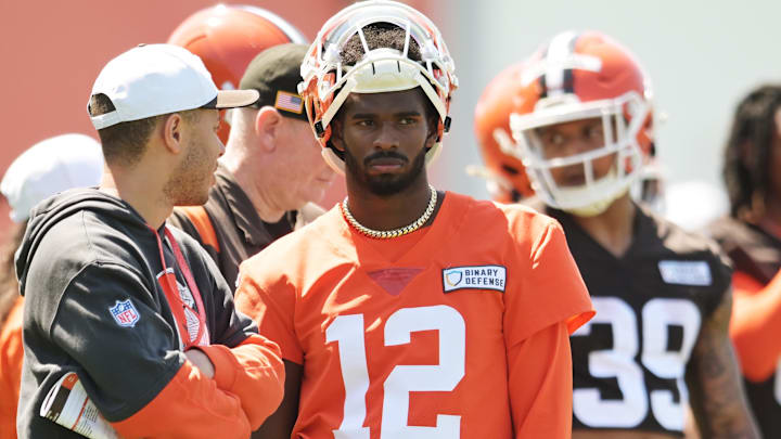 May 10, 2025; Berea, OH, USA; Cleveland Browns quarterback Shedeur Sanders (12) waits his turn for a drill during rookie minicamp at CrossCountry Mortgage Campus. Mandatory Credit: Ken Blaze-Imagn Images