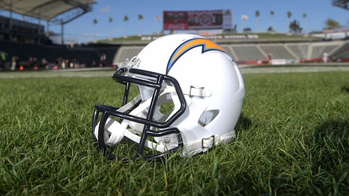 Jan 21, 2017; Carson, CA, USA; General view of Los Angeles Chargers helmet at StubHub Center.The Chargers will play the 2017 and 2018 seasons at the StubHub Center as part of Chargers owner Dean Spanos (not pictured) relocation of the franchise from San Diego to Los Angeles. Mandatory Credit: Kirby Lee-Imagn Images