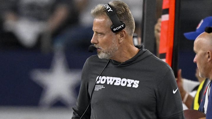 Aug 16, 2025; Arlington, Texas, USA; Dallas Cowboys defensive coordinator Matt Eberflus looks on during the game between the Dallas Cowboys and the Baltimore Ravens at AT&T Stadium. 