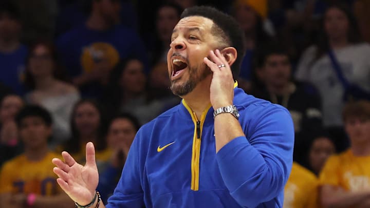 Feb 10, 2026; Pittsburgh, Pennsylvania, USA; Pittsburgh Panthers head coach Jeff Capel reacts on the court against the Duke Blue Devils during the first half at Petersen Events Center. Mandatory Credit: Charles LeClaire-Imagn Images Feb 10, 2026; Pittsburgh, Pennsylvania, USA; Pittsburgh Panthers head coach Jeff Capel reacts on the court against the Duke Blue Devils during the first half at Petersen Events Center. Mandatory Credit: Charles LeClaire-Imagn Images