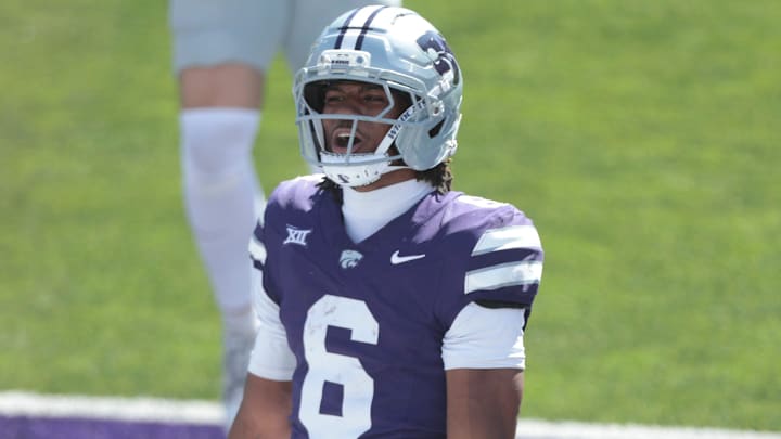 Kansas State Wildcats safety Qua Moss (6) celebrates an interception during the second half of the game against UCF Knights at Bill Snyder Family Stadium on Sept. 27, 2025.