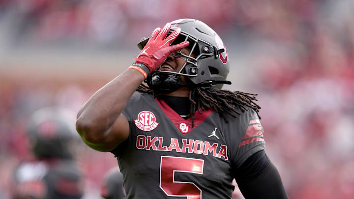Oklahoma Sooners linebacker Kendal Daniels (5) celebrates during a college football game between the University of Oklahoma Sooners (OU) and the Missouri Tigers at Gaylord Family Ð Oklahoma Memorial Stadium in Norman, Okla., on Saturday, Nov. 22, 2025. Oklahoma won 17-6.