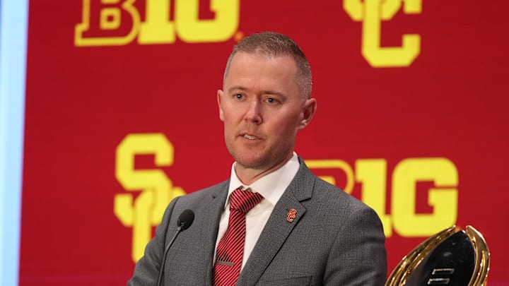 Jul 24, 2025; Las Vegas, NV, USA; USC head coach Lincoln Riley speaks to the media during the Big Ten NCAA college football media days at Mandalay Bay Resort. Mandatory Credit: Lucas Peltier-Imagn Images