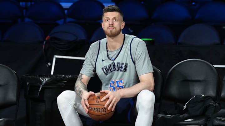 Dec 12, 2025; Las Vegas, NV, USA; Oklahoma City Thunder center Isaiah Hartenstein (55) during practice prior to the Emirates Cup semifinals at T-Mobile Arena. Mandatory Credit: Kirby Lee-Imagn Images Dec 12, 2025; Las Vegas, NV, USA; Oklahoma City Thunder center Isaiah Hartenstein (55) during practice prior to the Emirates Cup semifinals at T-Mobile Arena. Mandatory Credit: Kirby Lee-Imagn Images