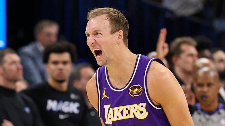 Orlando, Florida, USA; Los Angeles Lakers guard Luke Kennard (10) reacts after hitting a game winning basket at the buzzer against the Orlando Magic in the fourth quarter at Kia Center on Mar 21, 2026. Orlando, Florida, USA; Los Angeles Lakers guard Luke Kennard (10) reacts after hitting a game winning basket at the buzzer against the Orlando Magic in the fourth quarter at Kia Center on Mar 21, 2026.
