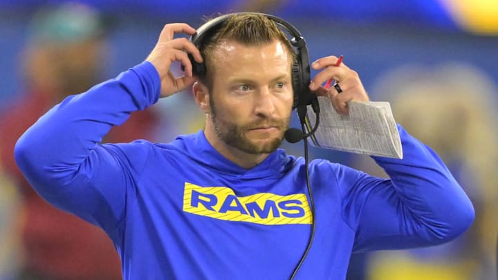 Dec 28, 2024; Inglewood, California, USA;  Los Angeles Rams head coach Sean McVay on the sidelines in the second half against the Arizona Cardinals at SoFi Stadium. Mandatory Credit: Jayne Kamin-Oncea-Imagn Images