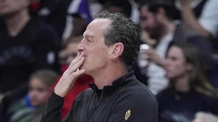 Apr 23, 2026; Toronto, Ontario, CAN; Cleveland Cavaliers head coach Kenny Atkinson looks on during the second half of game three of the first round of the 2026 NBA Playoffs against the Toronto Raptors at Scotiabank Arena. Mandatory Credit: John E. Sokolowski-Imagn Images