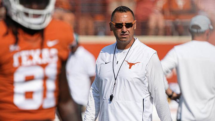Texas Longhorns head coach Steve Sarkisian watches his team warm up before the game against Alabama at Royal Memorial Stadium on Sep. 10, 2022. 