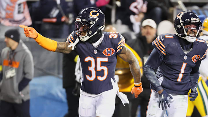Dec 20, 2025; Chicago, Illinois, USA; Chicago Bears safety C.J. Gardner-Johnson (35) and cornerback Jaylon Johnson (1) acknowledge the crowd against the Green Bay Packers during the first quarter at Soldier Field. Mandatory Credit: Mike Dinovo-Imagn Images Dec 20, 2025; Chicago, Illinois, USA; Chicago Bears safety C.J. Gardner-Johnson (35) and cornerback Jaylon Johnson (1) acknowledge the crowd against the Green Bay Packers during the first quarter at Soldier Field. Mandatory Credit: Mike Dinovo-Imagn Images
