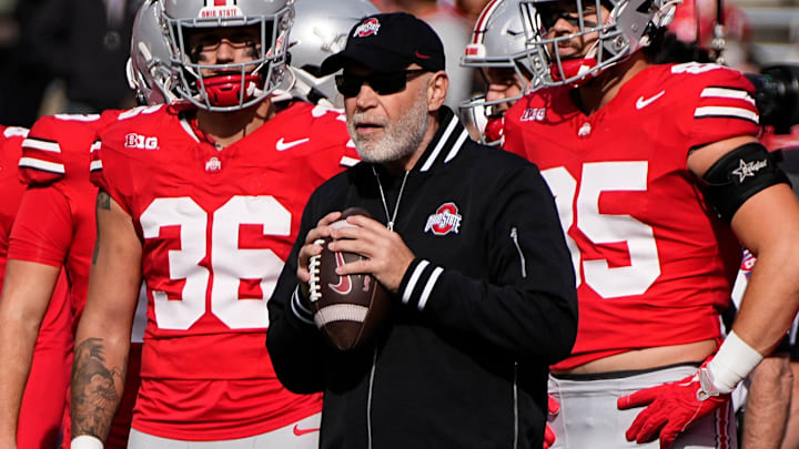 Ohio State Buckeyes defensive coordinator Jim Knowles leads warm ups prior to the NCAA football game against the Nebraska Cornhuskers at Ohio Stadium in Columbus on Saturday, Oct. 26, 2024.