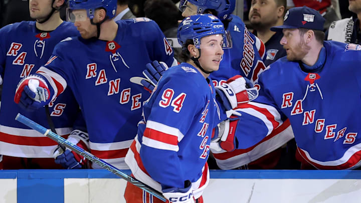 Mar 2, 2026; New York, New York, USA; New York Rangers right wing Gabe Perreault (94) celebrates his goal against the Columbus Blue Jackets with teammates during the third period at Madison Square Garden. Mandatory Credit: Brad Penner-Imagn Images Mar 2, 2026; New York, New York, USA; New York Rangers right wing Gabe Perreault (94) celebrates his goal against the Columbus Blue Jackets with teammates during the third period at Madison Square Garden. Mandatory Credit: Brad Penner-Imagn Images