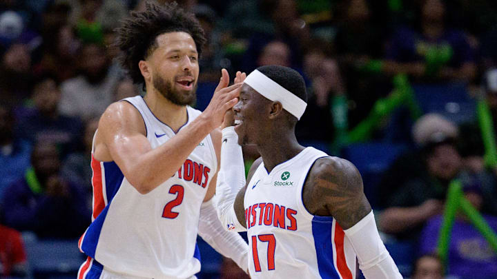 Mar 17, 2025; New Orleans, Louisiana, USA; Detroit Pistons guard Cade Cunningham (2) celebrates a basket with guard Dennis Schroder (17) against the New Orleans Pelicans during the second half at Smoothie King Center. Mandatory Credit: Matthew Hinton-Imagn Images Mar 17, 2025; New Orleans, Louisiana, USA; Detroit Pistons guard Cade Cunningham (2) celebrates a basket with guard Dennis Schroder (17) against the New Orleans Pelicans during the second half at Smoothie King Center. Mandatory Credit: Matthew Hinton-Imagn Images