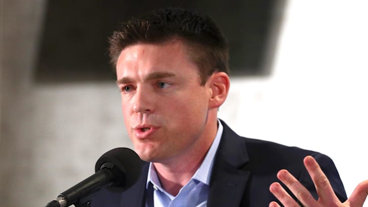 Dec 17, 2019; Tampa, FL, USA; Tampa Bay Rays Sr. Vice President of Baseball Operations and General Manager Erik Neander talks during a press conference at Tropicana Field. Dec 17, 2019; Tampa, FL, USA; Tampa Bay Rays Sr. Vice President of Baseball Operations and General Manager Erik Neander talks during a press conference at Tropicana Field.