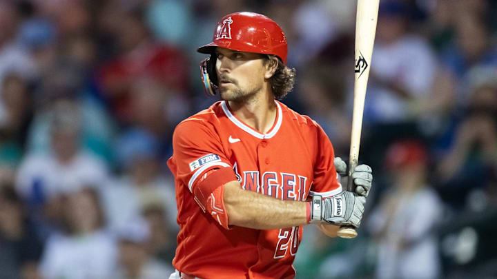 Mar 17, 2026; Mesa, Arizona, USA; Los Angeles Angels second baseman Adam Frazier against the Chicago Cubs during a spring training game at Sloan Park. Mandatory Credit: Mark J. Rebilas-Imagn Images