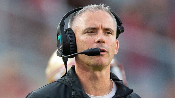 Florida State Seminoles head coach Mike Norvell watches on as his players come off the field. The Florida State Seminoles defeated the Virginia Tech Hokies 39-17 at Doak Campbell Stadium on Saturday, Oct. 7, 2023.