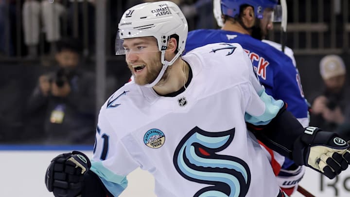 Jan 12, 2026; New York, New York, USA; Seattle Kraken center Shane Wright (51) celebrates his goal against the New York Rangers during the third period at Madison Square Garden. Mandatory Credit: Brad Penner-Imagn Images