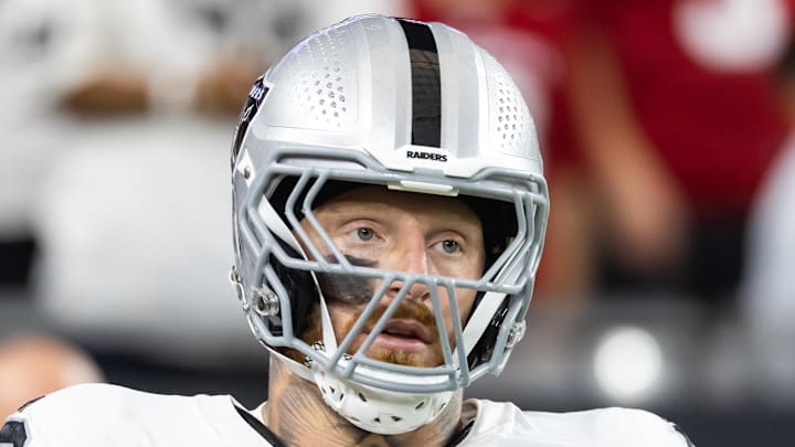 Aug 23, 2025; Glendale, Arizona, USA; Las Vegas Raiders defensive end Maxx Crosby (98) against the Arizona Cardinals during a preseason NFL game at State Farm Stadium. Mandatory Credit: Mark J. Rebilas-Imagn Images