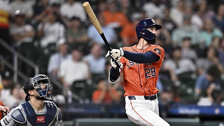 Apr 24, 2026; Houston, Texas, USA; Houston Astros shortstop Braden Shewmake (28) hits a solo home run in the in the seventh inning against the New York Yankees at Daikin Park. Mandatory Credit: Maria Lysaker-Imagn Images