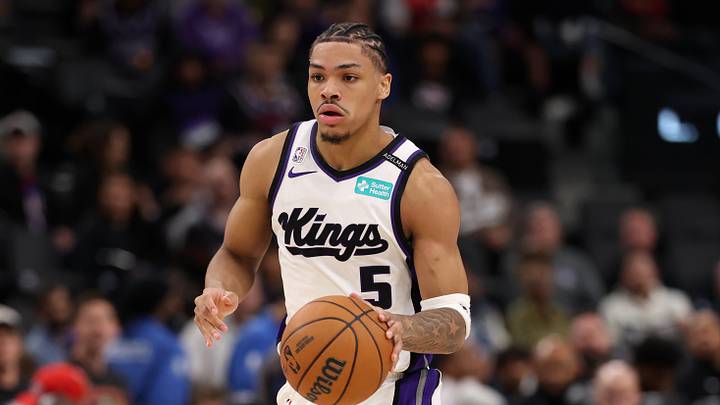 Oct 21, 2026; Inglewood, California, USA;  Sacramento Kings guard Darius Acuff Jr. (5) dribbles the ball during the third quarter against the Los Angeles Clippers at Intuit Dome. Mandatory Credit: Kiyoshi Mio-Imagn Images
