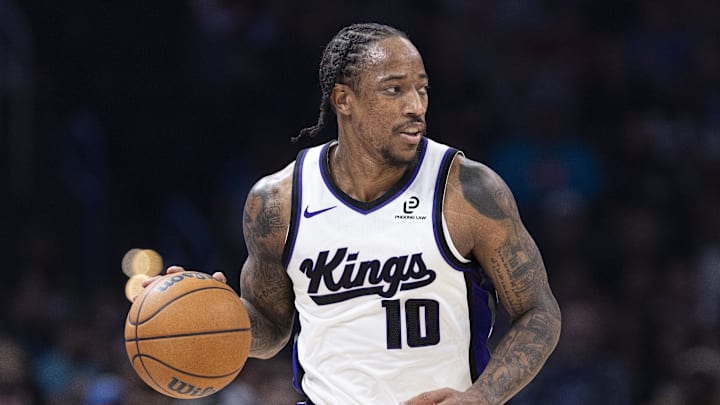 Nov 19, 2025; Oklahoma City, Oklahoma, USA; Sacramento Kings guard DeMar DeRozan (10) dribbles down the court against the Oklahoma City Thunder during the second quarter at Paycom Center.