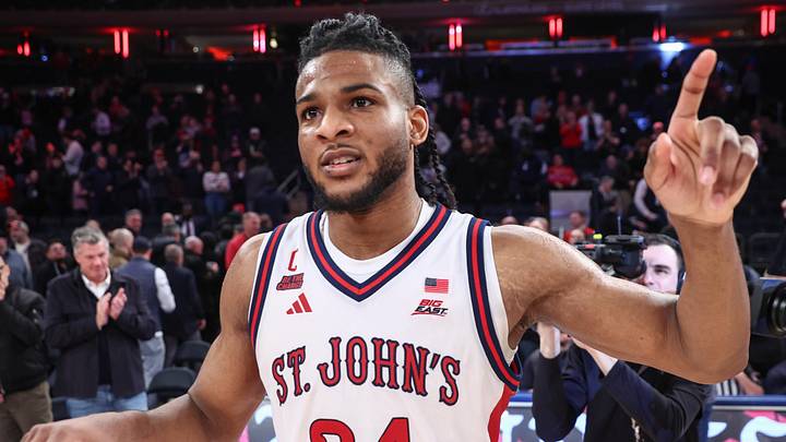 Mar 3, 2026; New York, New York, USA;  St. John's Red Storm forward Zuby Ejiofor (24) walks off the court after defeating the Georgetown Hoyas 72-69 at Madison Square Garden. Mandatory Credit: Wendell Cruz-Imagn Images