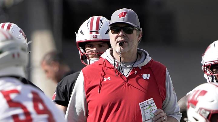 Wisconsin offensive coordinator Jeff Grimes is shown during spring football practice Tuesday, April 21, 2026 at Camp Randall Stadium in Madison, Wisconsin. Wisconsin offensive coordinator Jeff Grimes is shown during spring football practice Tuesday, April 21, 2026 at Camp Randall Stadium in Madison, Wisconsin.